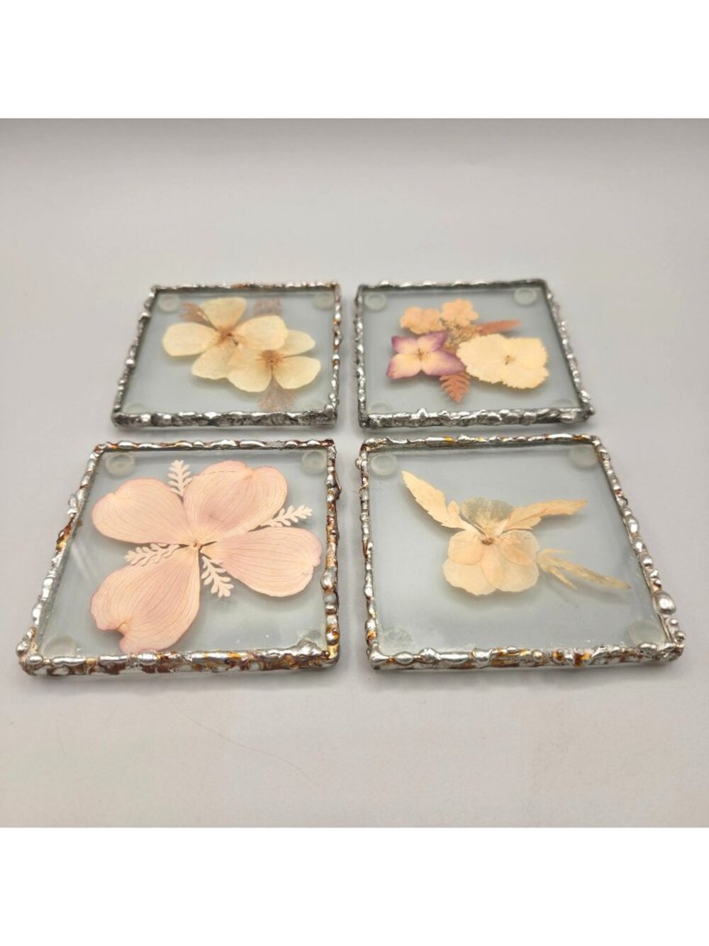 1970s Pressed Flower Glass Coasters Set Of 4 Handcrafted Silver Metal Trim